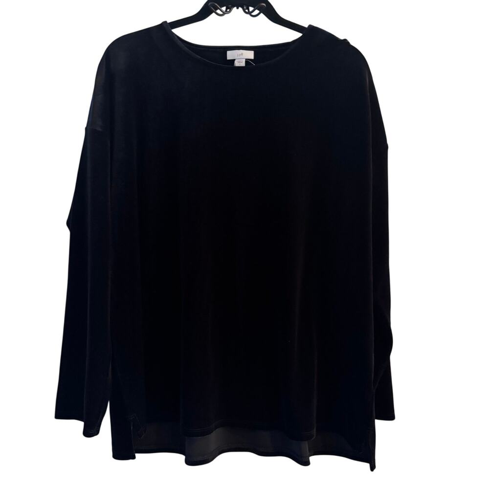 New J. Jill Velvet Pullover Sweater Black Crew Neck Side Slit Long Sleeve Sz L